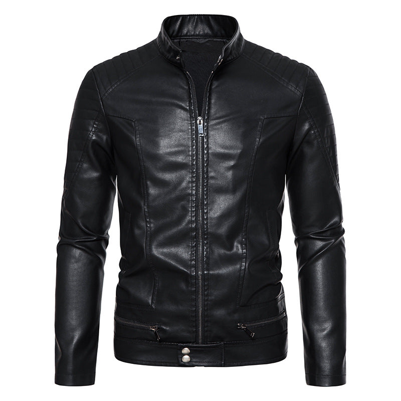 Herren Schmale Biker‑Blouson Kunstlederjacke mit Stehkragen, Ziersteppungen und Reißverschlusstaschen Nord Taschen