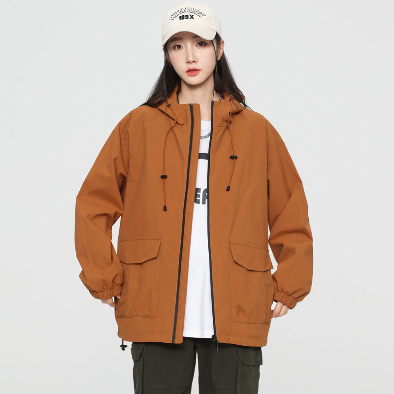 Damen Oversize Windbreaker Jacke mit Kapuze und Cargotaschen Nord Taschen