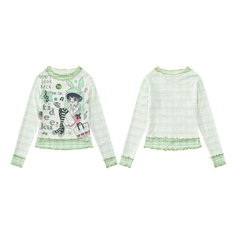 Damen Transparentes Mesh-Langarmshirt mit Manga-Print, Rüschensaum und Karomanschetten Nord Taschen