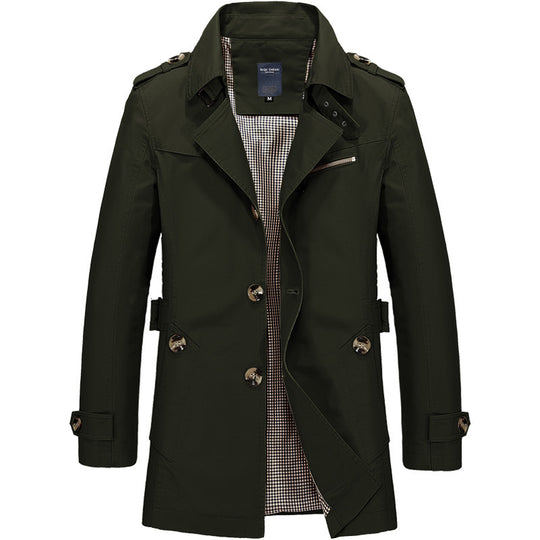 Herren Kurzer Doppelreihiger Trenchcoat mit Reverskragen, Schulterklappen und karierter Innenfütterung Nord Taschen