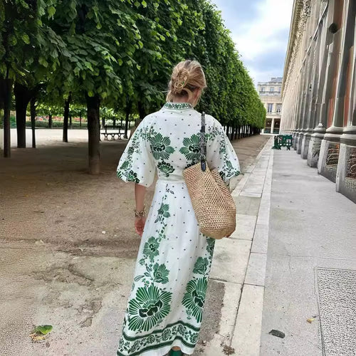 Damen Maxi-Kleid im Boho-Hemdstil mit Stehkragen und durchgehender Knopfleiste Nord Taschen