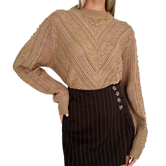 Damen Strukturierter Ajourstrick-Pullover mit Noppenmuster und Stehkragen Nord Taschen