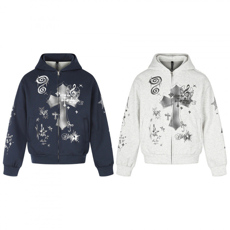 Unisex Oversize-Kapuzenzipjacke mit Allover-Grafikprint, Reißverschluss und geripptem Saum Nord Taschen