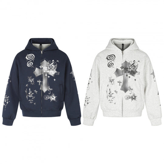 Unisex Oversize-Kapuzenzipjacke mit Allover-Grafikprint, Reißverschluss und geripptem Saum Nord Taschen