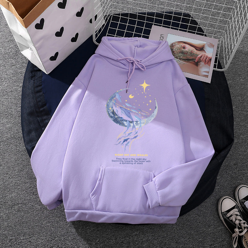 Damen Kapuzenpullover mit Mond‑und‑Wal-Illustration, Oversize-Schnitt und Kängurutasche Nord Taschen