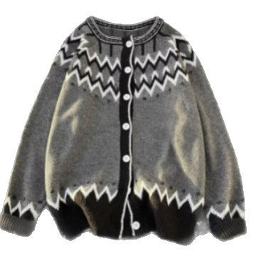 Damen Norweger-Cardigan im Oversize-Schnitt mit Rundhalsausschnitt und Kontrastknopfleiste Nord Taschen