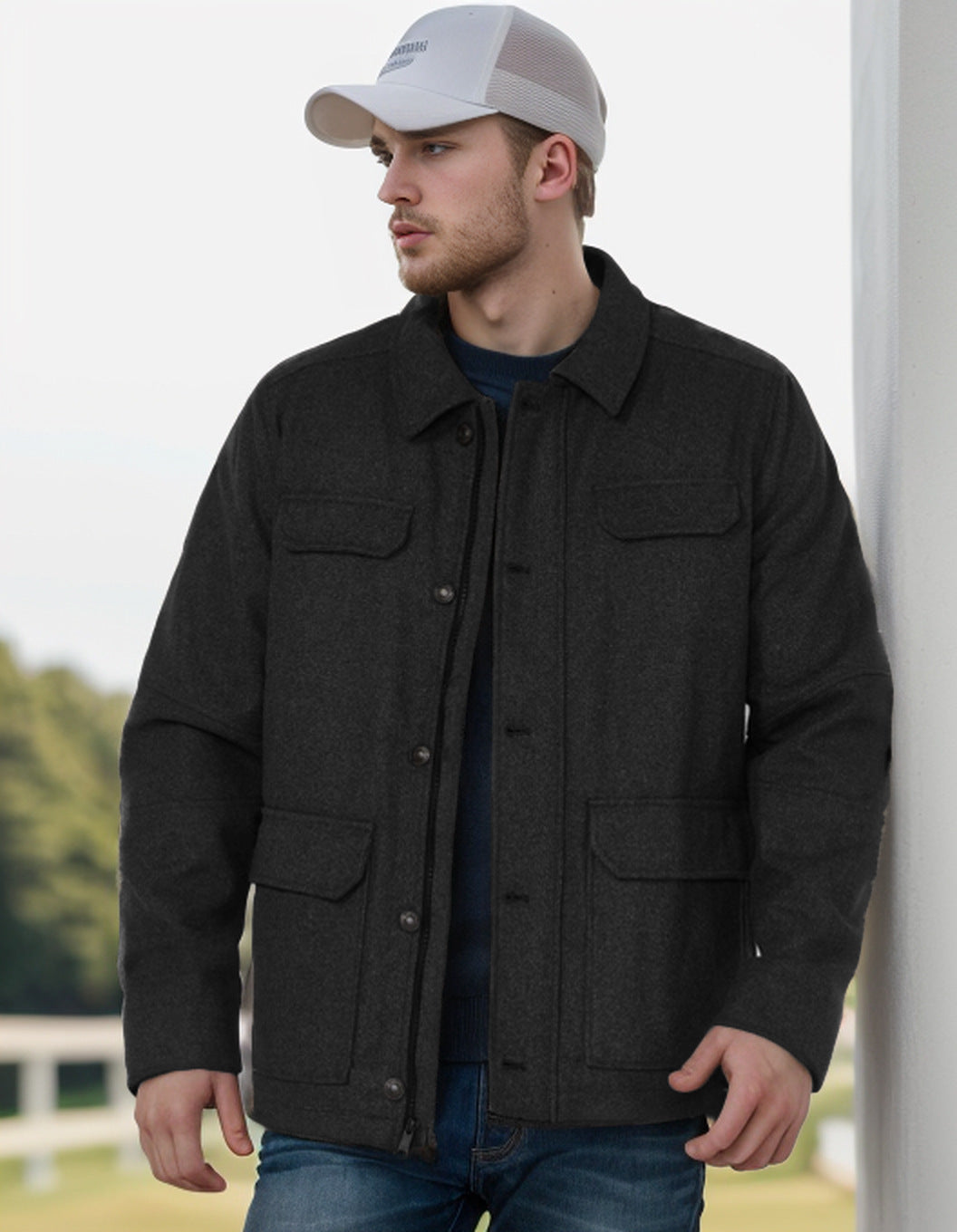 Herren Wollmix-Fieldjacke mit Pattentaschen, durchgehender Knopfleiste und Hemdkragen Nord Taschen