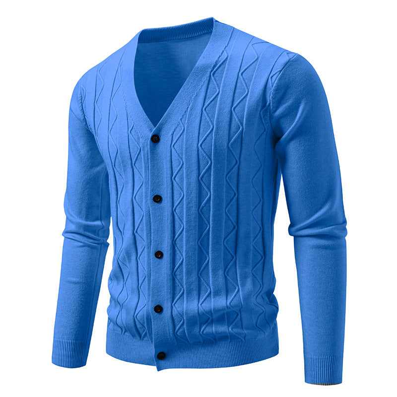 Herren V-Ausschnitt Strickjacke mit dezenter Zopfmusterstruktur und durchgehender Knopfleiste Nord Taschen
