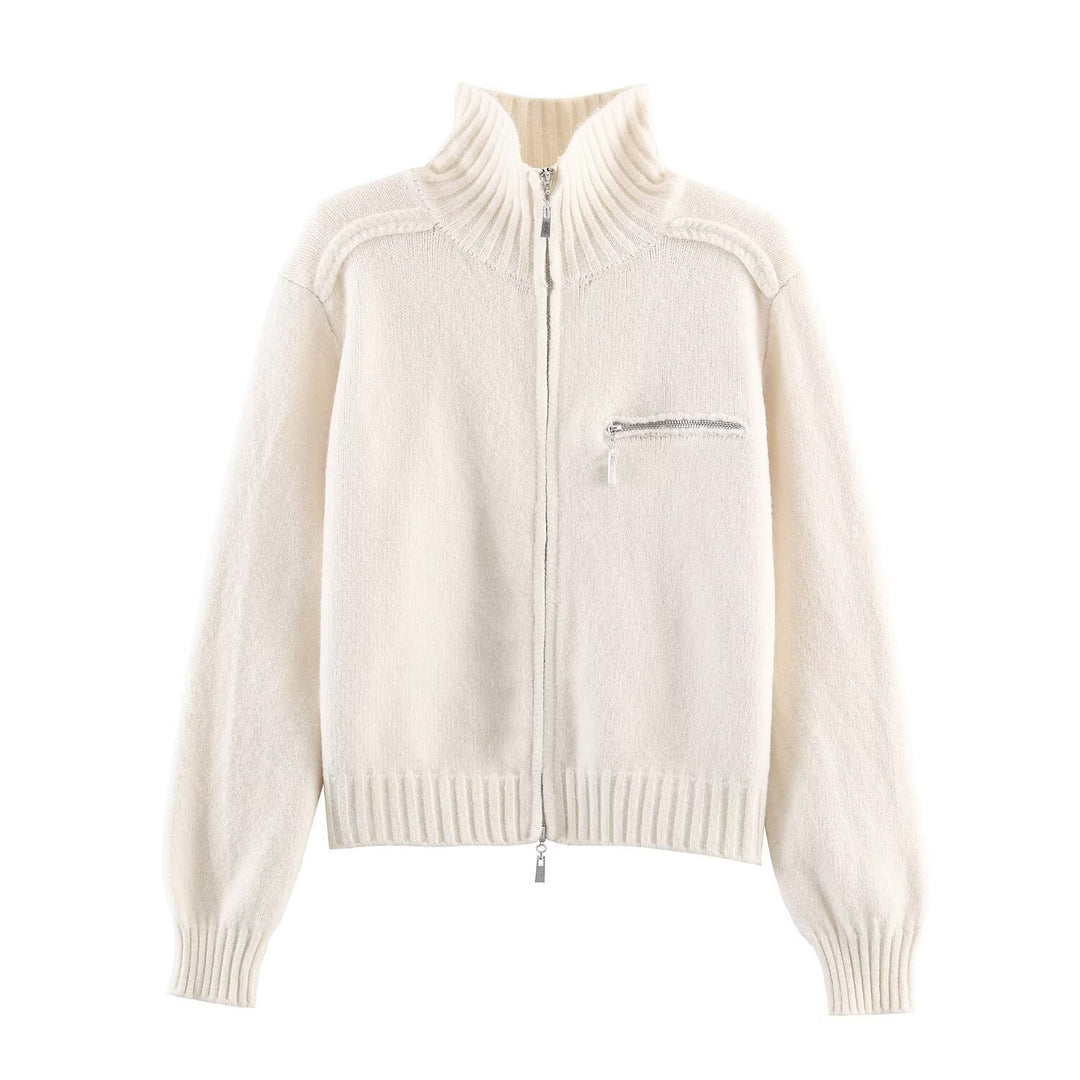 Damen Grobgestrickte Reißverschluss‑Strickjacke mit hohem Rippkragen und Brusttasche Nord Taschen