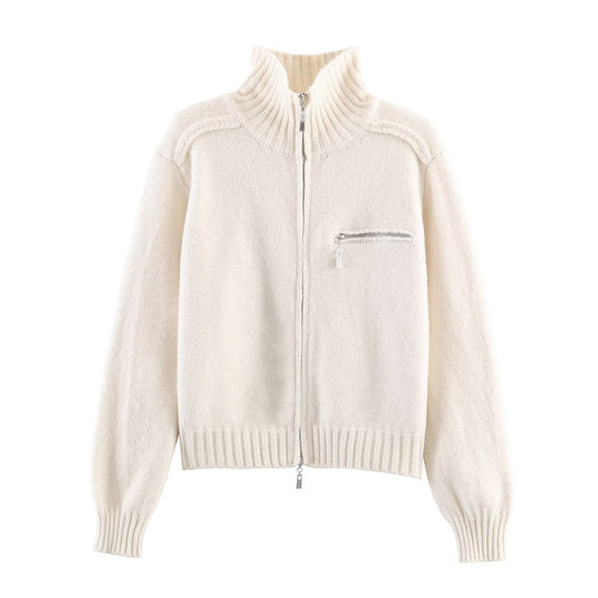 Damen Grobgestrickte Reißverschluss‑Strickjacke mit hohem Rippkragen und Brusttasche Nord Taschen