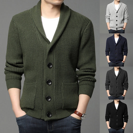 Herren Grobstrick-Cardigan mit Schalkragen, aufgesetzten Taschen und Knopfleiste Nord Taschen