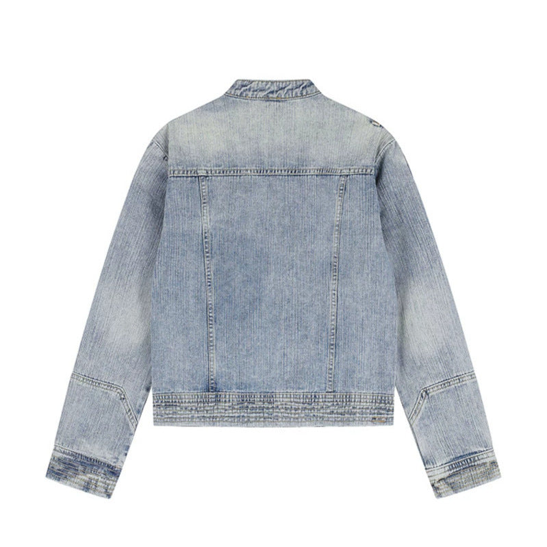 Damen asymmetrische Jeansjacke im Bikerstil mit Stehkragen und diagonalem Reißverschluss Nord Taschen