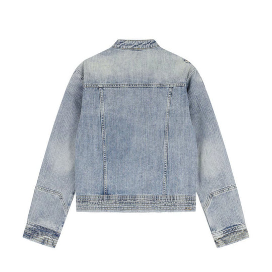 Damen asymmetrische Jeansjacke im Bikerstil mit Stehkragen und diagonalem Reißverschluss Nord Taschen