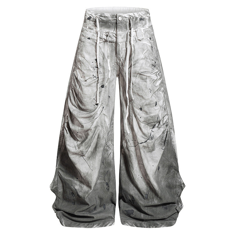 Damen Hochtaillierte weite Culotte‑Hose mit Drapierten Falten, Tunnelzug und Sprenkel‑Print Nord Taschen