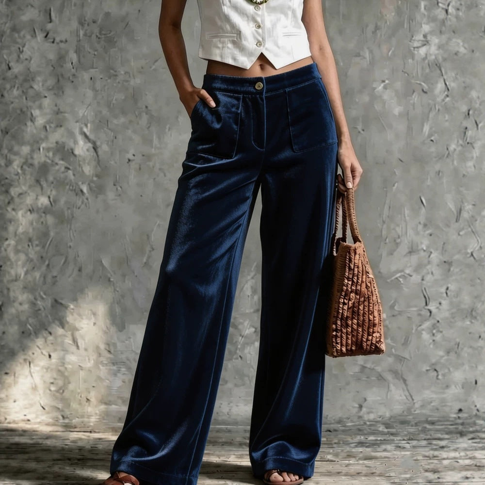Damen Weite Samt-Palazzohose mit hoher Taille und aufgesetzten Taschen Nord Taschen