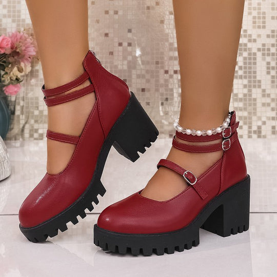 Damen Blockabsatz-Schnürschuhe mit modischem Riemendesign und rutschfester Sohle