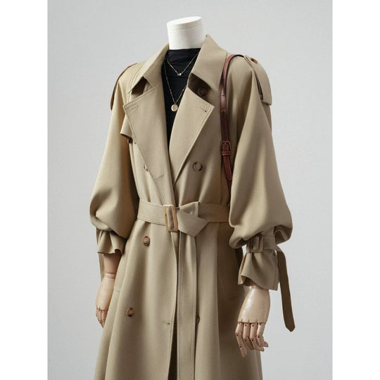 Damen Doppelreihiger Trenchcoat mit Taillengürtel und Ballonärmeln Nord Taschen