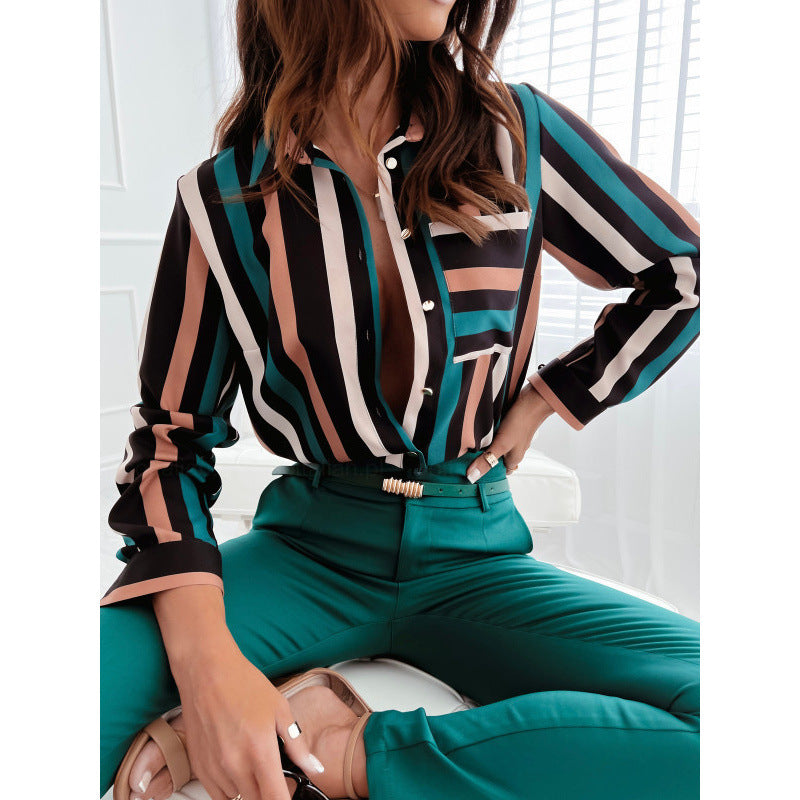 Damen Button-Up Streifenbluse mit Kontrasttaschen Nord Taschen