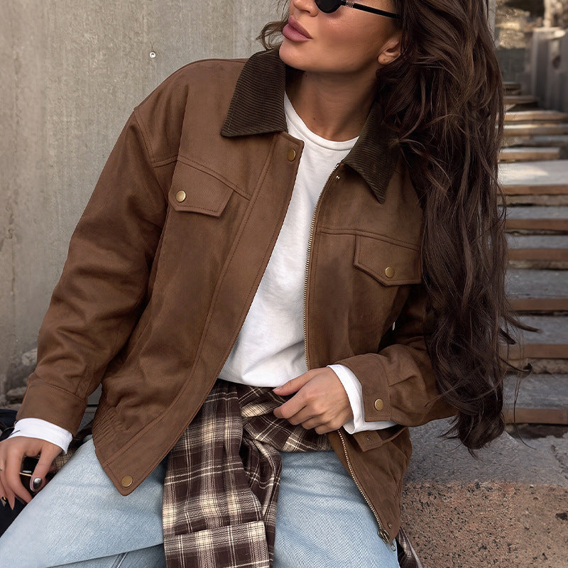 Damen Kurzjacke aus Wildlederimitat mit Cordkragen, Reißverschluss & Pattentaschen Nord Taschen
