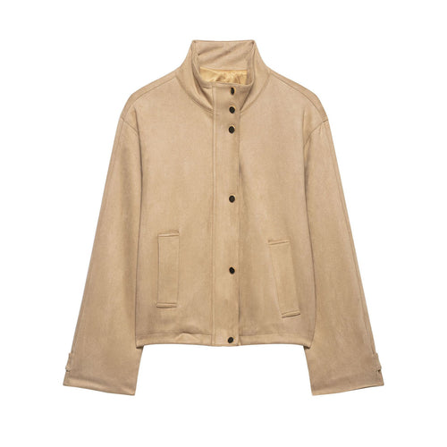 Damen Kurze Boxy-Jacke in Veloursoptik mit Stehkragen und Druckknopfleiste Nord Taschen