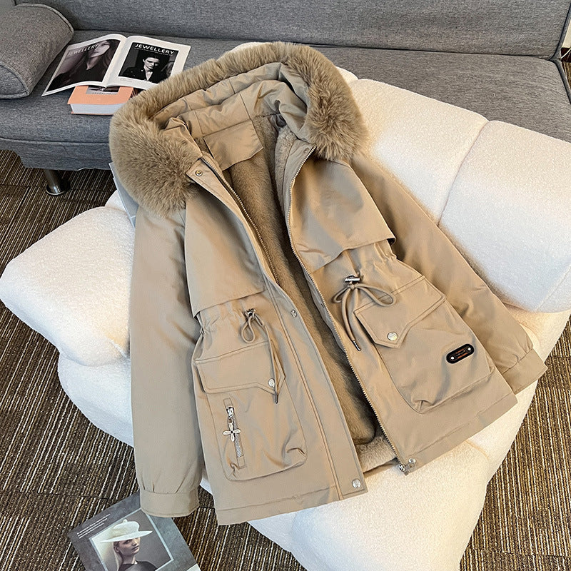 Damen nan wattierter Parka mit abnehmbarer Kunstfellkapuze, Teddyfutter und taillierbarem Kordelzug Nord Taschen