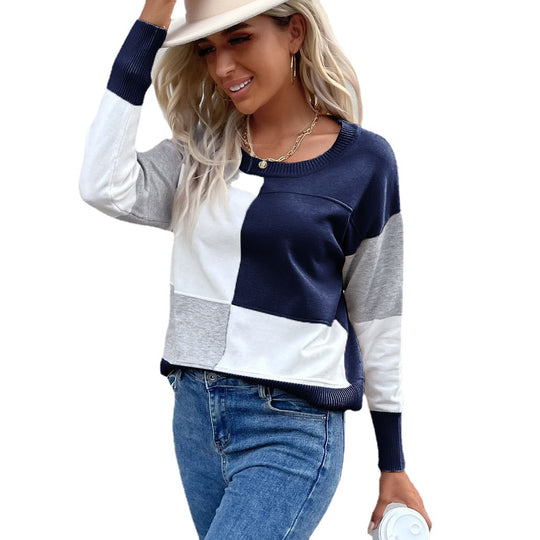 Damen Legerer Feinstrick-Pullover im Blockkaro mit geripptem Saum und lässiger Passform Nord Taschen