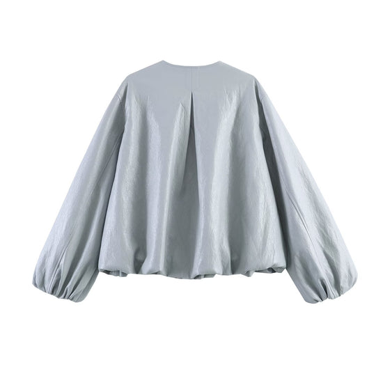 Damen Oversize-Kunstlederjacke mit Rundhals, geraffter Passe und Ballonärmeln Nord Taschen