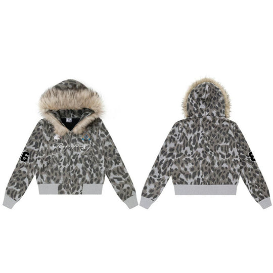 Damen Kapuzen-Sweatjacke mit Kunstfellbesatz, Leo-Allover und Reißverschluss Nord Taschen