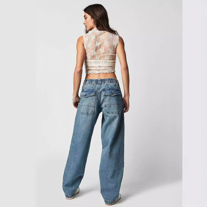 Damen weite High-Waist Baggy-Jeans mit tiefem Schritt, Five-Pocket Design und extra-langen Beinen Nord Taschen