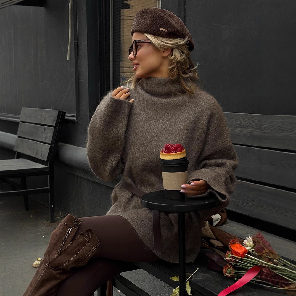 Damen Oversize Mohair-Mix Rollkragen-Pulloverkleid mit Ballonärmeln und Taillengürtel Nord Taschen