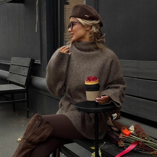 Damen Oversize Mohair-Mix Rollkragen-Pulloverkleid mit Ballonärmeln und Taillengürtel Nord Taschen