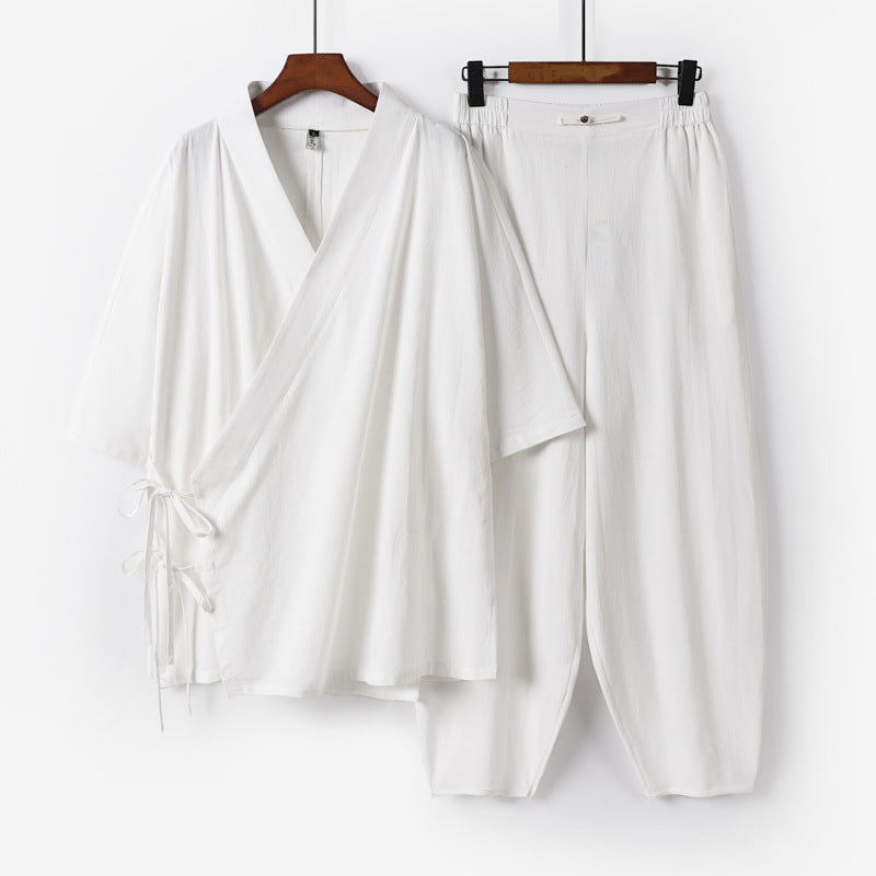 Unisex Leichtes Wickel-Lounge-Set im Kimono-Stil mit seitlichen Bindebändern und elastischer konisch zulaufender Hose Nord Taschen