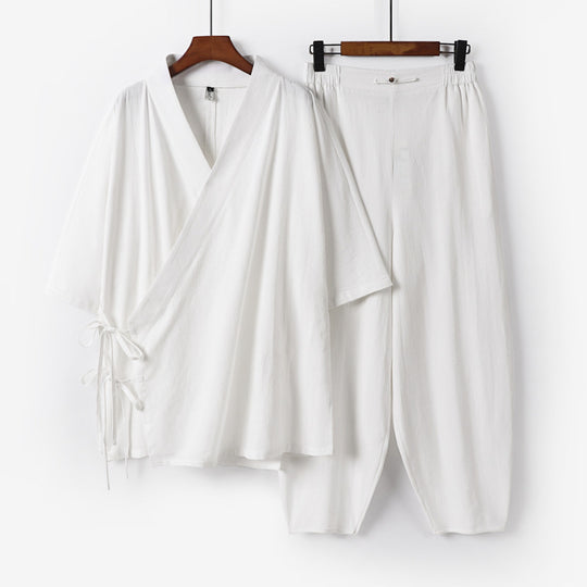 Unisex Leichtes Wickel-Lounge-Set im Kimono-Stil mit seitlichen Bindebändern und elastischer konisch zulaufender Hose Nord Taschen
