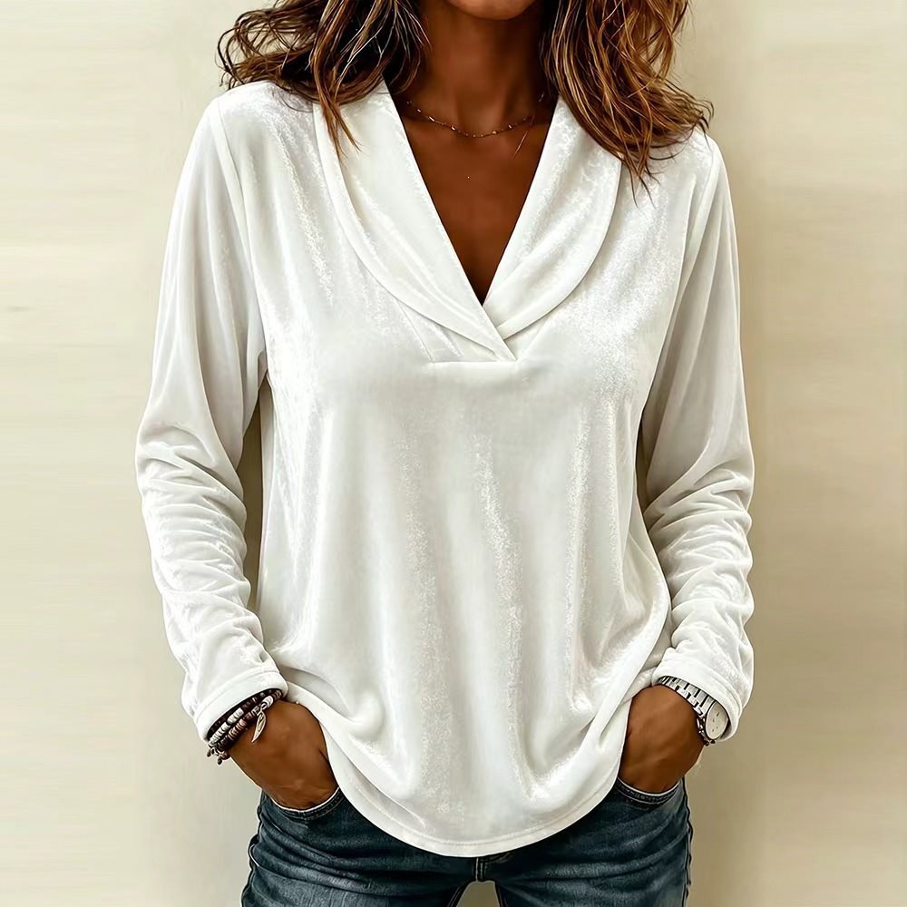 Damen Velours-Longsleeve mit tiefem Schalkragen und gerundetem Saum Nord Taschen