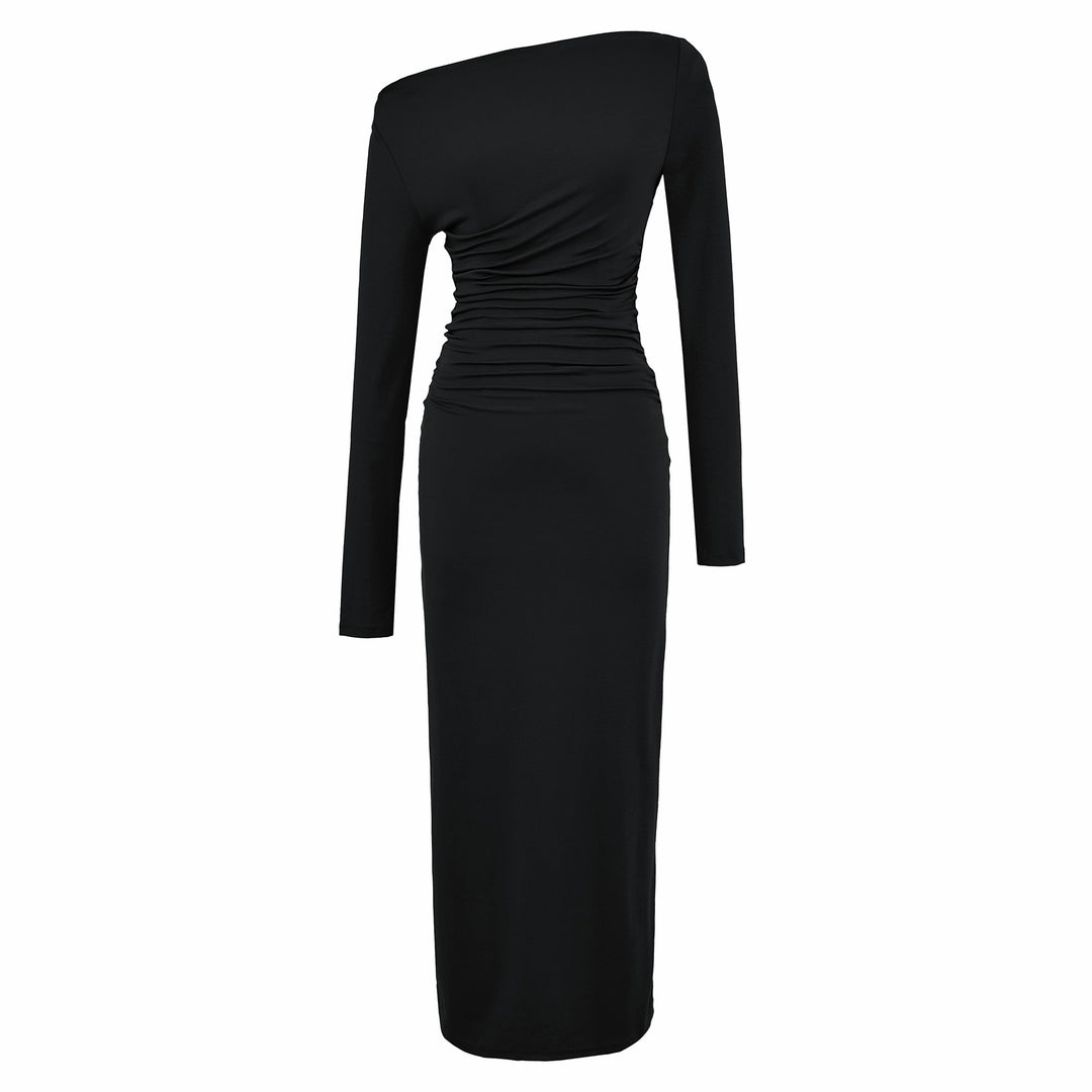 Damen Einschulter-Midikleid mit Langarm und seitlicher Raffung Nord Taschen