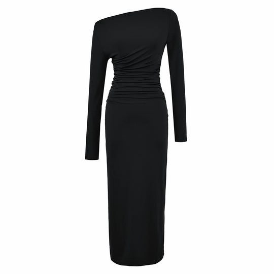 Damen Einschulter-Midikleid mit Langarm und seitlicher Raffung Nord Taschen