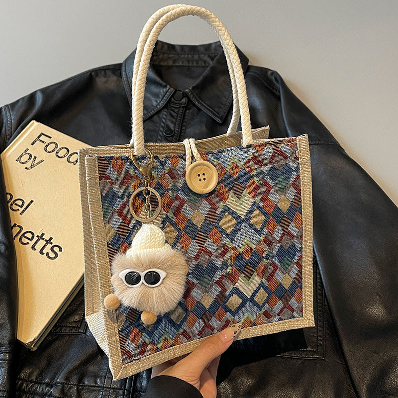 Damen Jute-Tragetasche mit buntem geometrischen Muster Nord Taschen