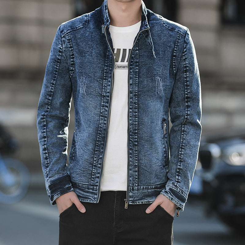 Herren Slim-Fit gewaschene Denim-Jacke mit Stehkragen und Reißverschluss Nord Taschen