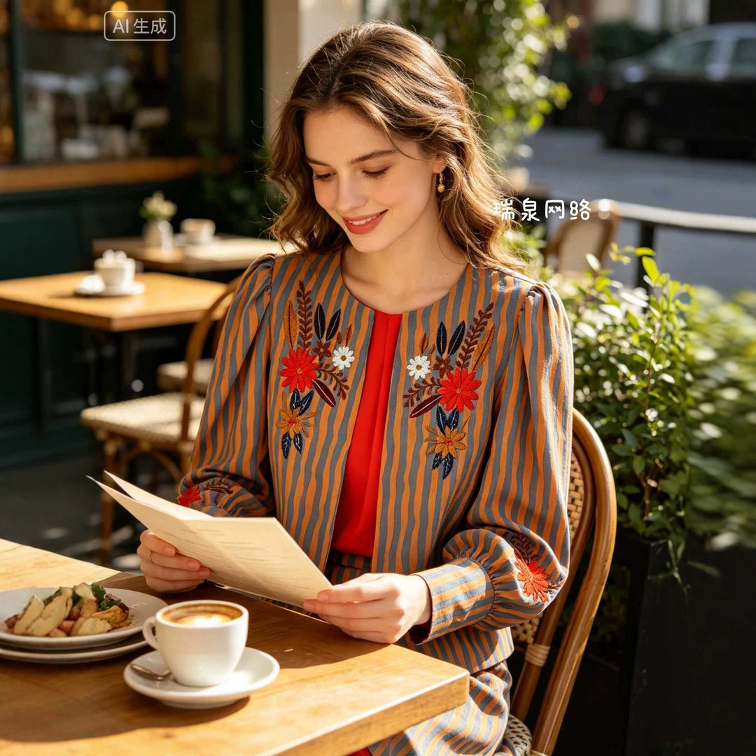 Damen Leichte gestreifte Blusenjacke mit floraler Stickerei und Manschetten Nord Taschen
