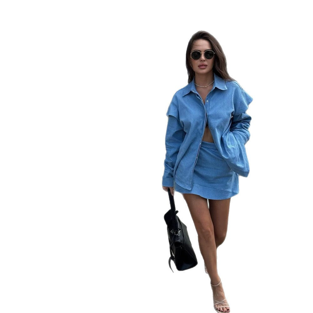 Damen Zweiteiliges Denim-Set mit Oversize-Hemdjacke und Minirock Nord Taschen