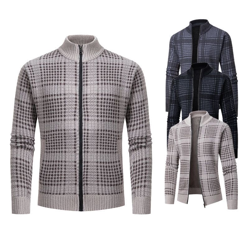 Herren Feinstrick-Zipcardigan mit Glencheck‑Muster, Stehkragen und Zwei‑Wege‑Reißverschluss Nord Taschen