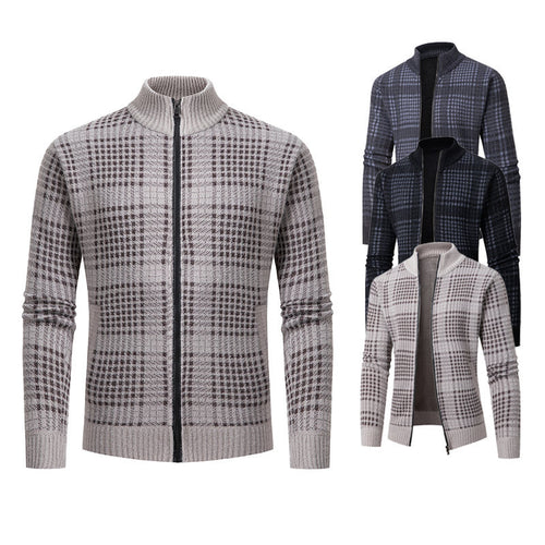 Herren Feinstrick-Zipcardigan mit Glencheck‑Muster, Stehkragen und Zwei‑Wege‑Reißverschluss Nord Taschen