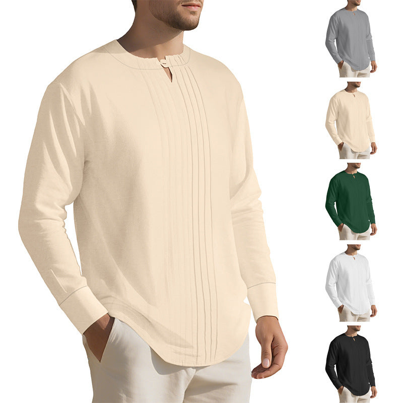 Herren Leichtes Langarmshirt im Leinenlook mit Stehkragen, Kellerfalten und Schlaufenverschluss Nord Taschen