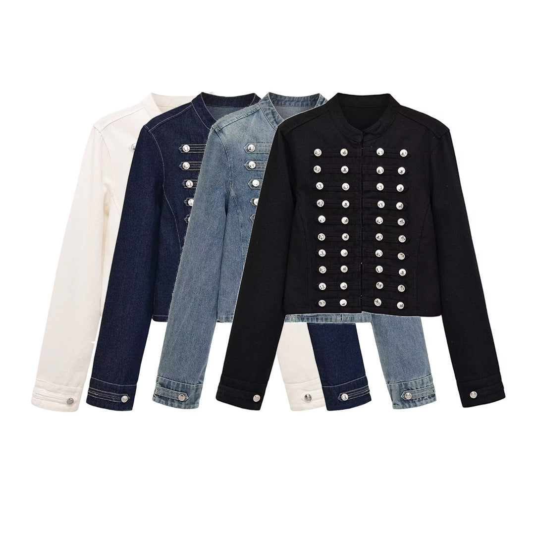 Damen Jeansjacke im Militärstil mit Stehkragen und dekorativen Zierknopfleisten Nord Taschen