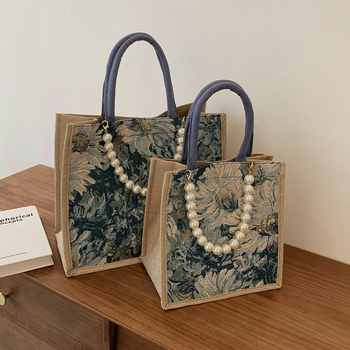 Damen Einkaufstasche mit floralem Jacquard-Muster und eleganter Perlenverzierung Nord Taschen