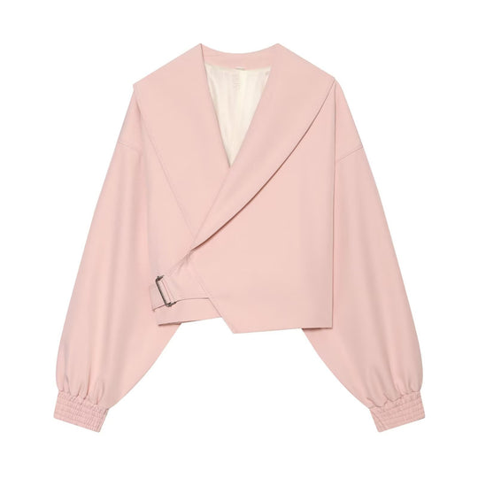 Damen Kurze Wickeljacke mit weitem Schalkragen, taillierendem Schnallenband und Ballonärmeln Nord Taschen