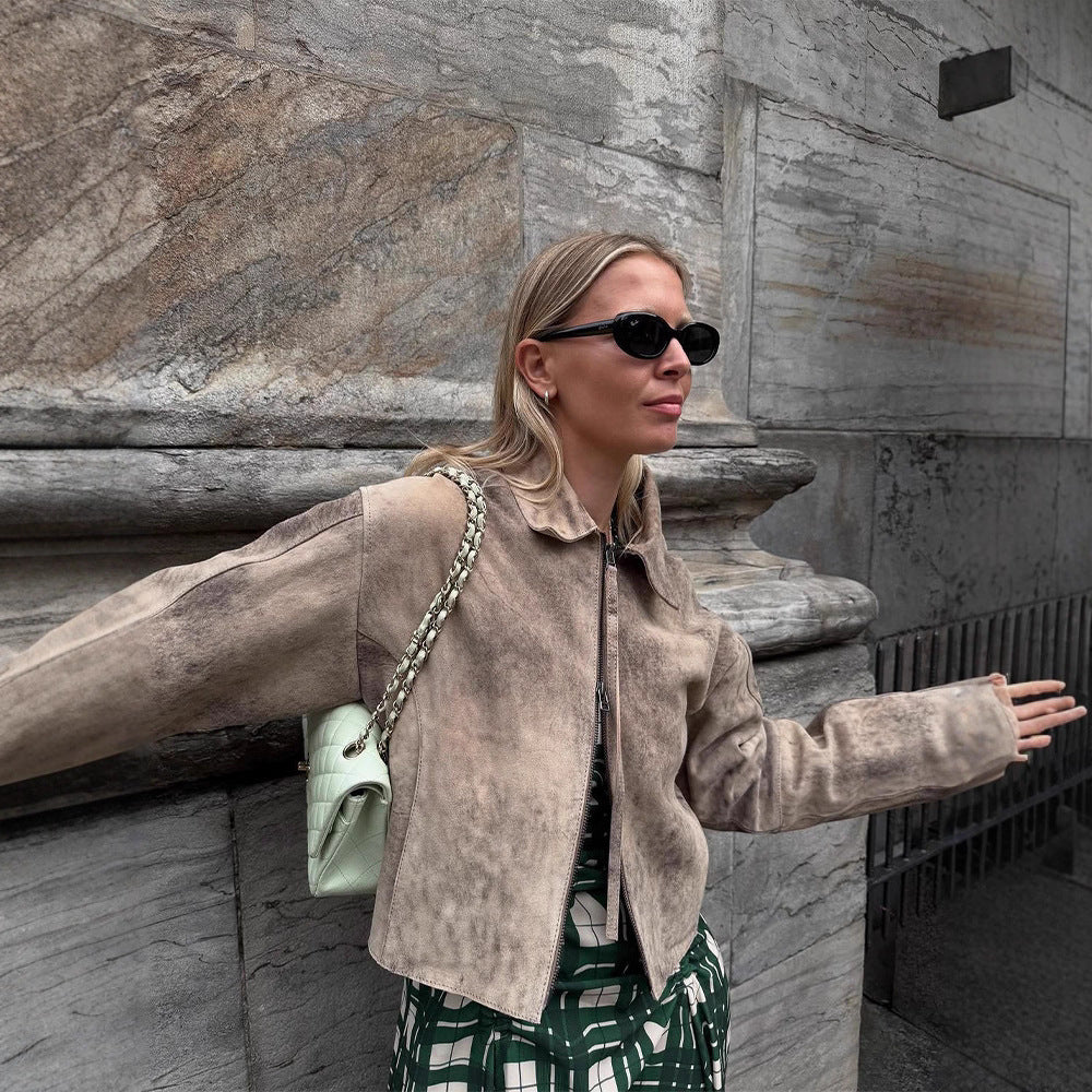 Damen Kurz geschnittene Velourslederjacke in Used‑Optik mit extra langen Ärmeln und Zwei‑Wege‑Reißverschluss Nord Taschen