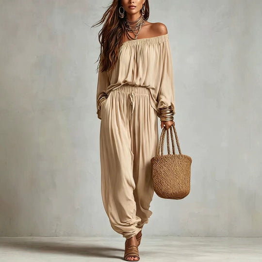 Damen Off-Shoulder Jumpsuit mit elastischem Taillenbund und weitem Plissee-Hosenbein Nord Taschen