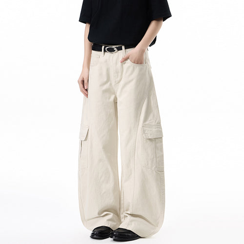 Damen Extraweite Hochtaillierte Cargo-Palazzo-Hose aus Baumwoll-Twill mit Pattentaschen Nord Taschen
