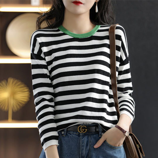 Damen Maritim-inspiriertes gestreiftes Feinstrick-Shirt mit weitem Boot-Ausschnitt und Kontrastkante Nord Taschen